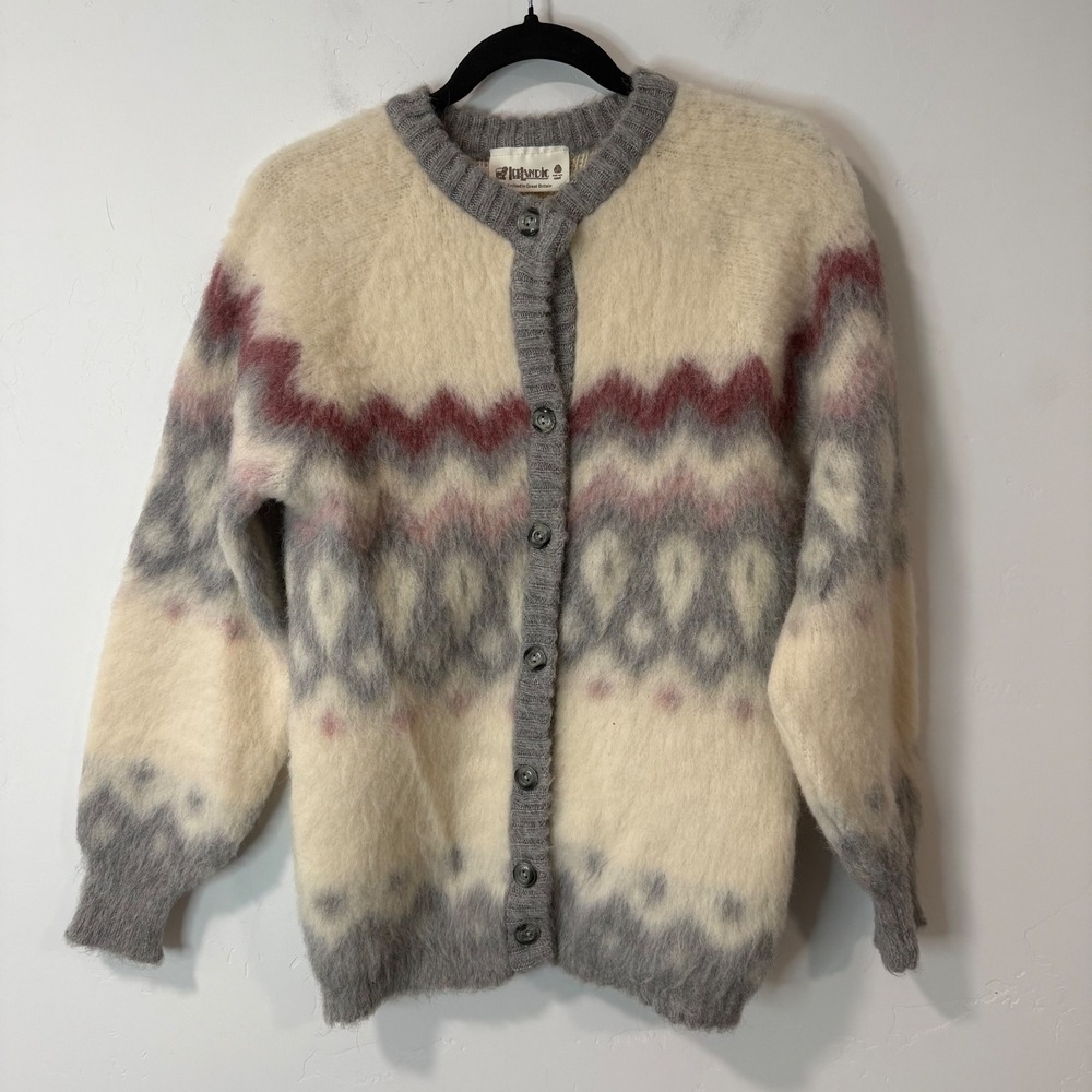 Icelandic Womens Cardigan Sweater Medium Cream Grey Pink Wool Knit Fair Isle